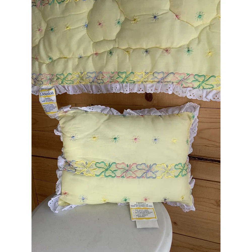 Downlon‎ Vintage 50's 60's New Baby Blanket Set Yellow Flower Ribbon Lace
